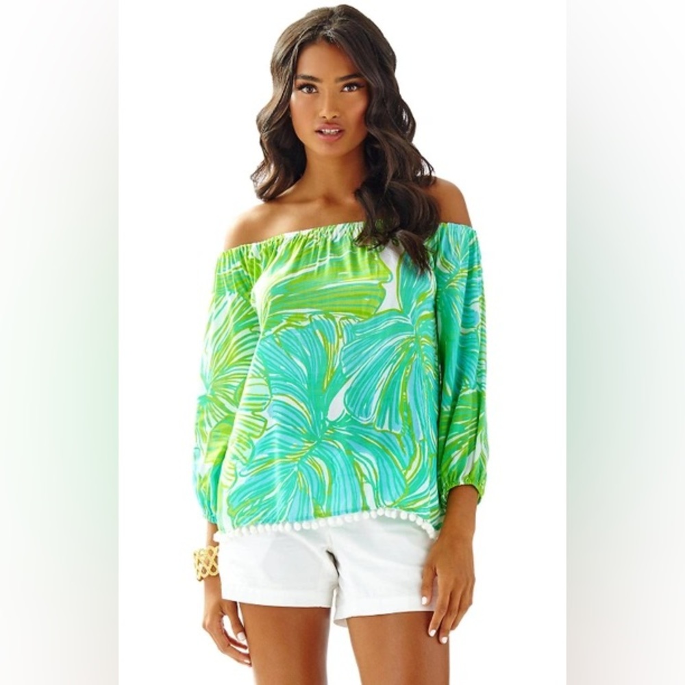 💚EXCELLENT USED CONDITION LILLY PULITZER ENNA TOP IN GREEN SHEEN FRONDS PLACE💚